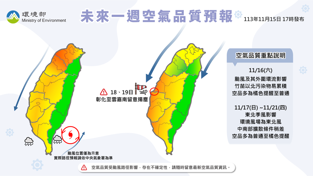 113年11月16日至11月21日空氣品質預報